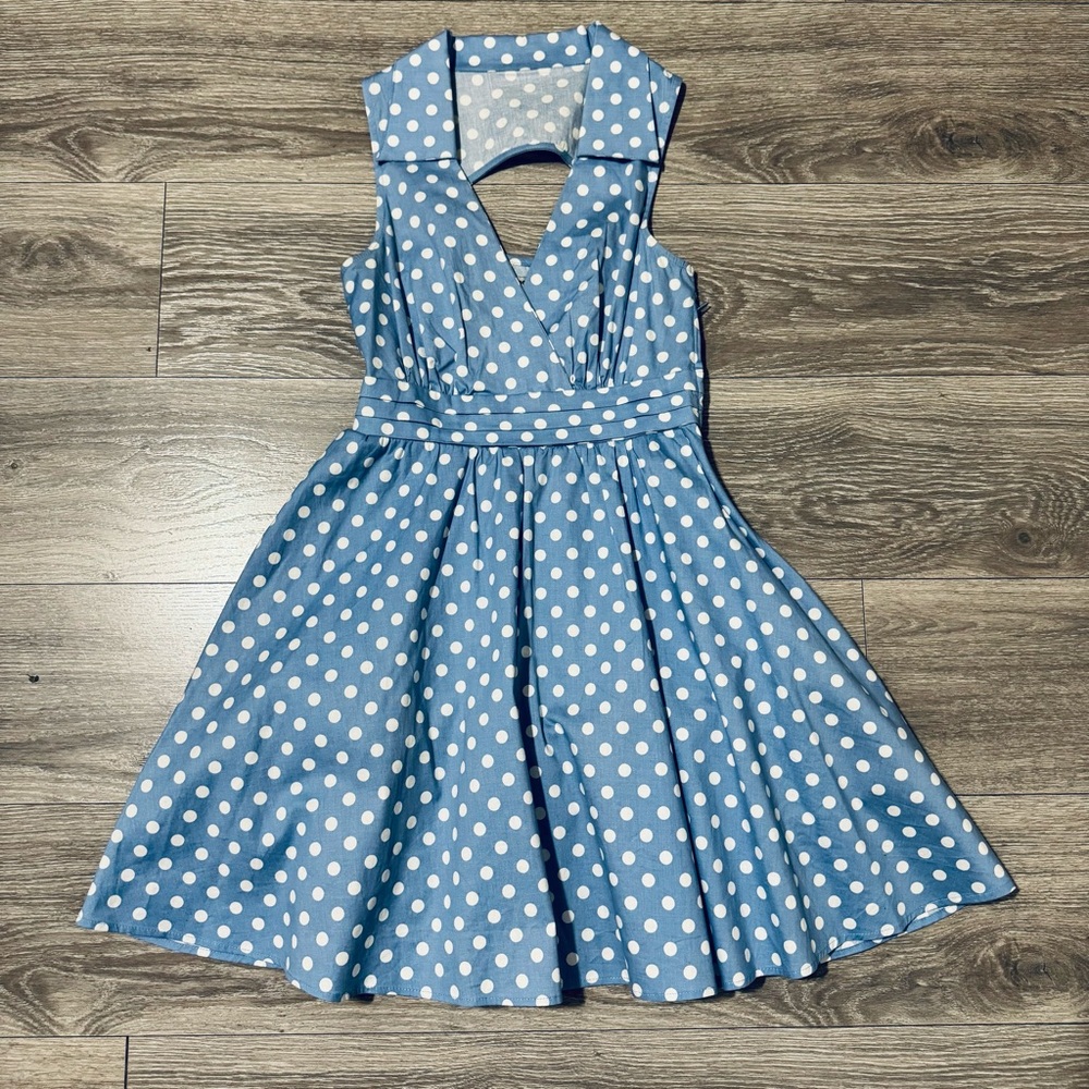 Bailey Blue Women Sky Blue Polka Dot Retro V-Neck Cut Out Back Flared Dress Sz S